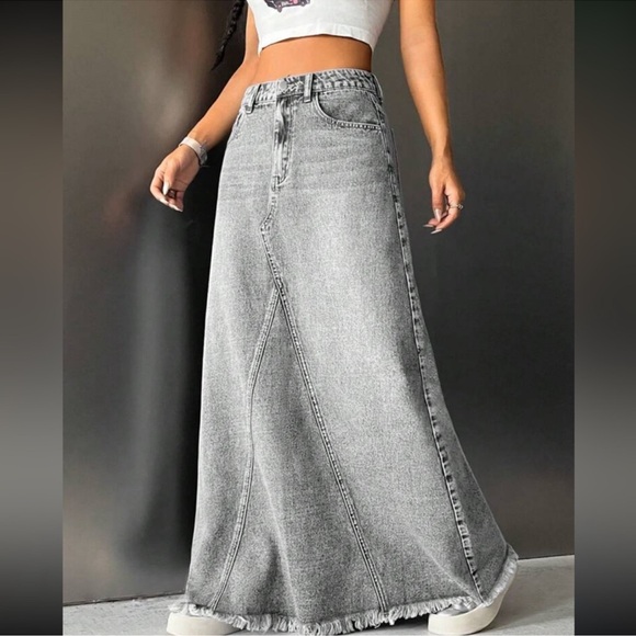 Boho Light Grey Raw Hem Jean Denim Pockets Maxi Skirt XS S M L - Picture 1 of 4